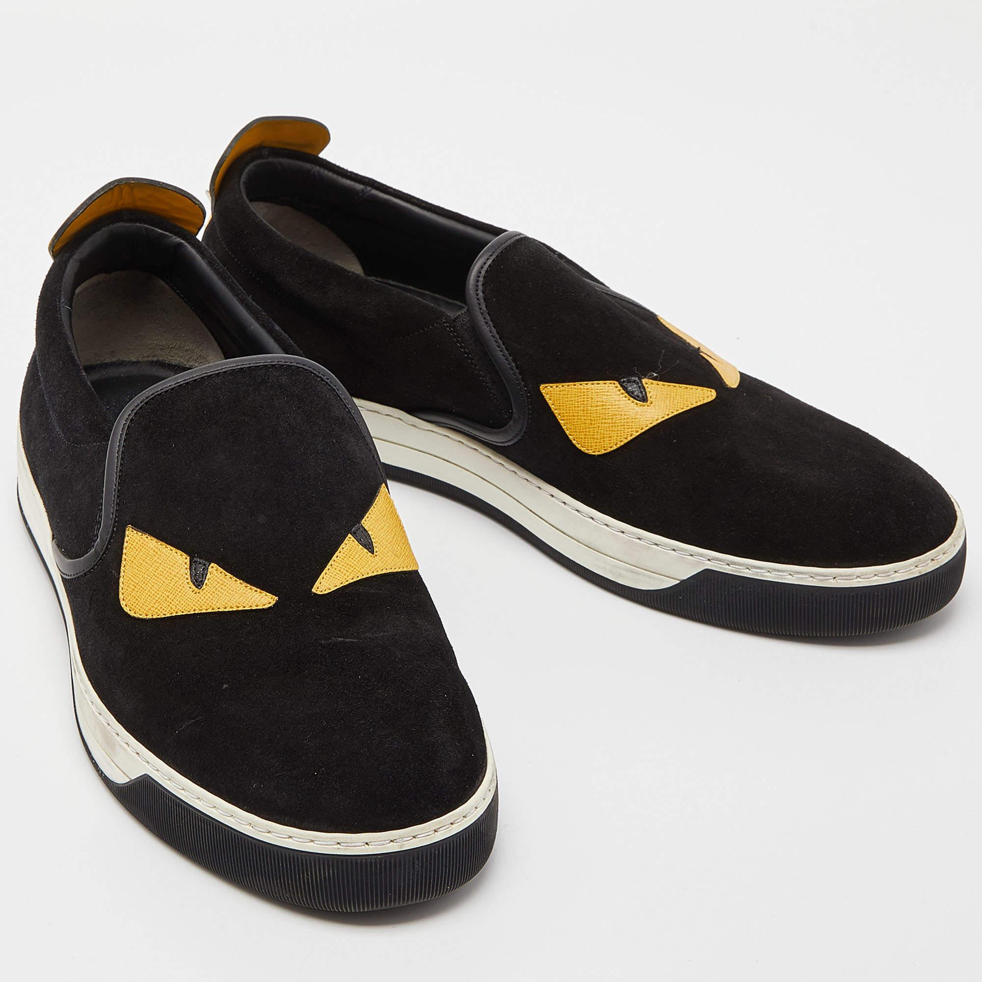 Fendi Negro/Amarillo Ante y Piel Monster Eyes Zapatillas Slip On Talla 44 1