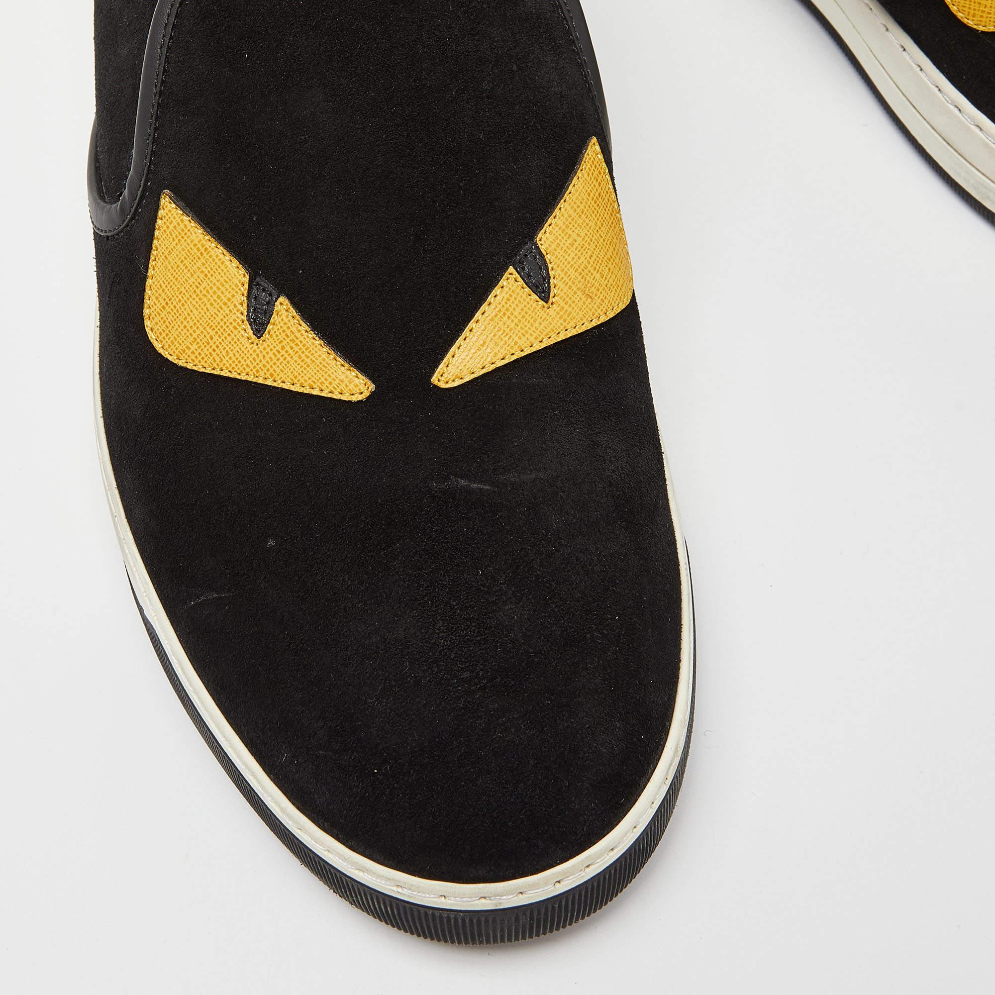 Fendi Black/Yellow Suede and Leather Monster Eyes Slip On Sneakers Size 44 2