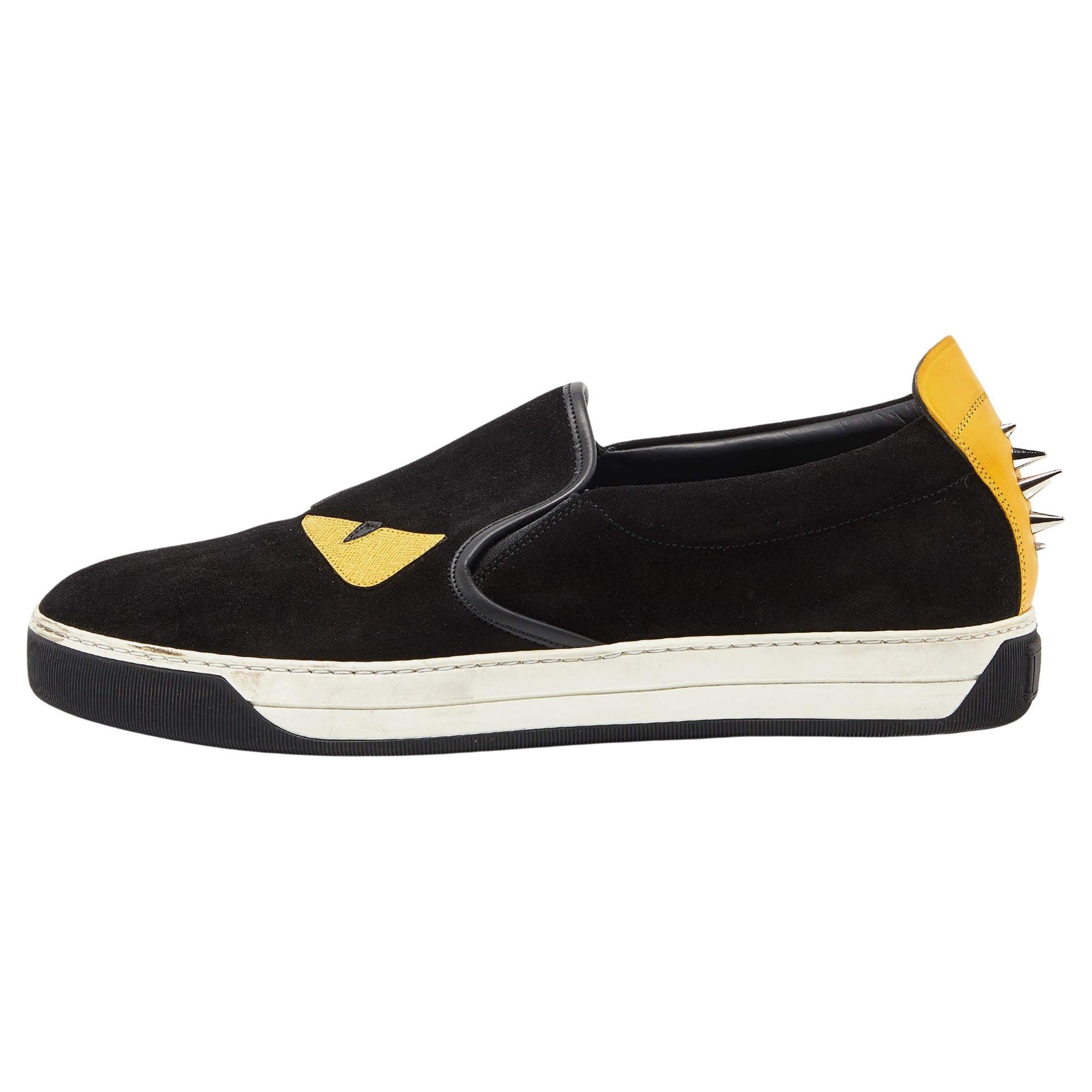 Fendi Black/Yellow Suede and Leather Monster Eyes Slip On Sneakers Size 44