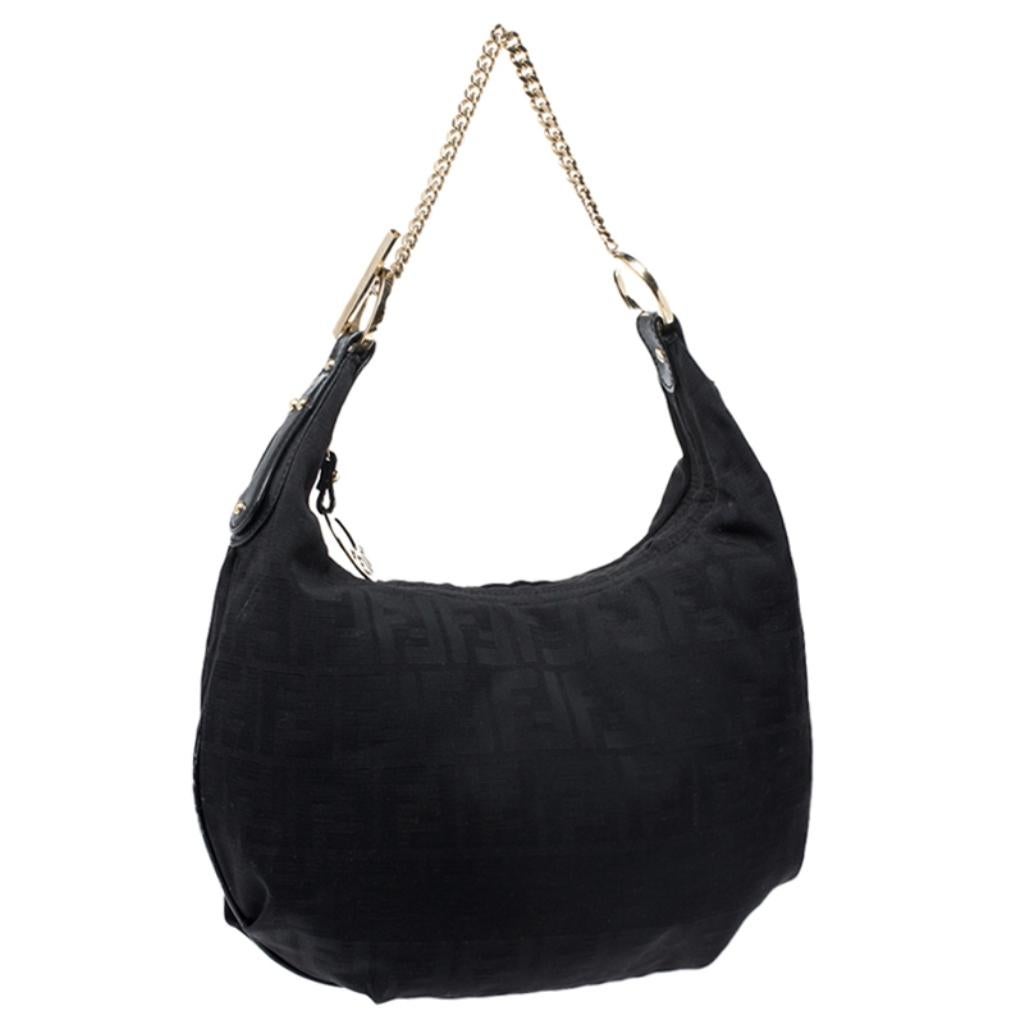 Women's Fendi Black Zucca Canvas and Leather Chef Chain Link Hobo