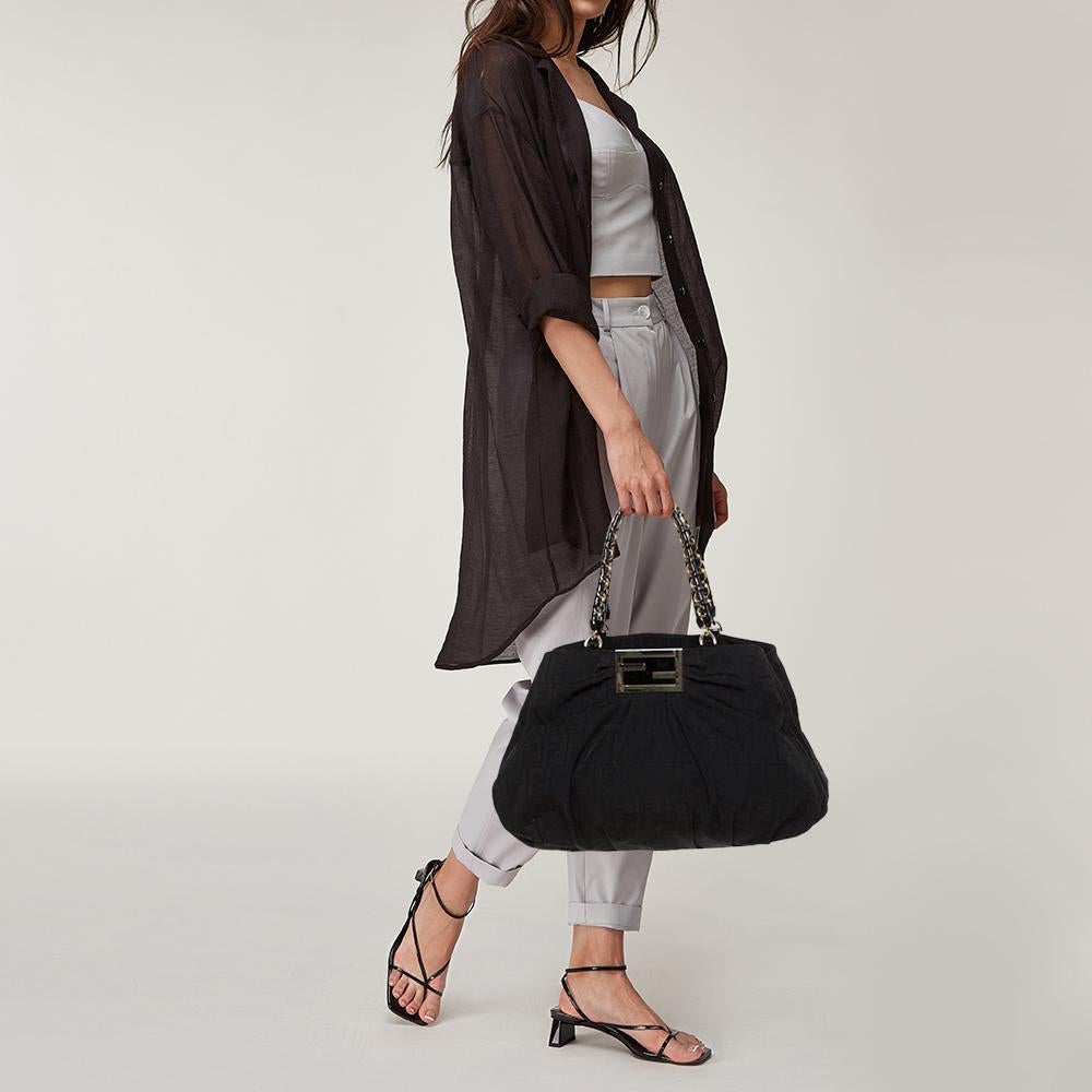 Fendi Black Zucca Canvas and Patent Leather Large Mia Shoulder Bag In Fair Condition In Dubai, Al Qouz 2