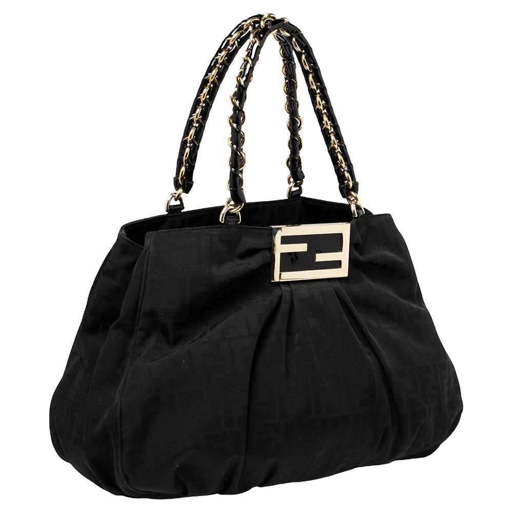 Women's Fendi Black Zucca Canvas and Patent Leather Large Mia Shoulder Bag