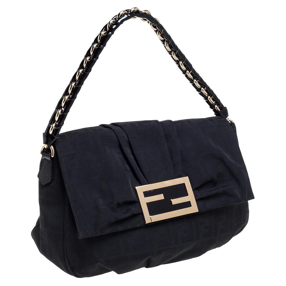 Women's Fendi Black Zucca Canvas and Patent Leather Mia Flap Shoulder Bag
