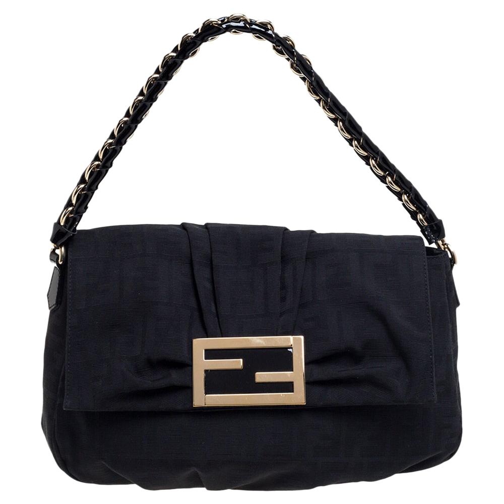 Fendi Black Zucca Canvas and Patent Leather Mia Flap Shoulder Bag