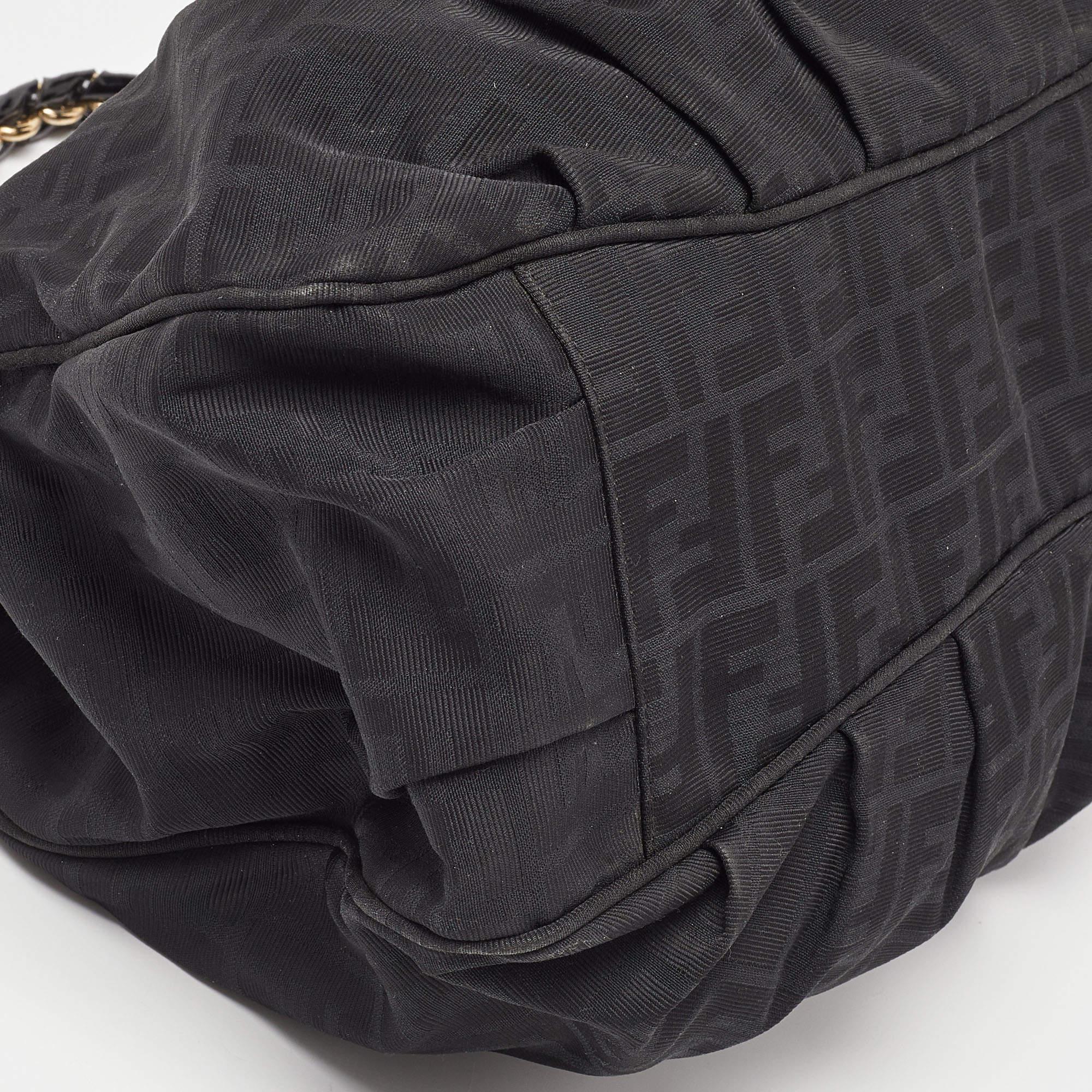 Women's Fendi Black Zucca Canvas and Patent Leather Mia Shoulder Bag For Sale