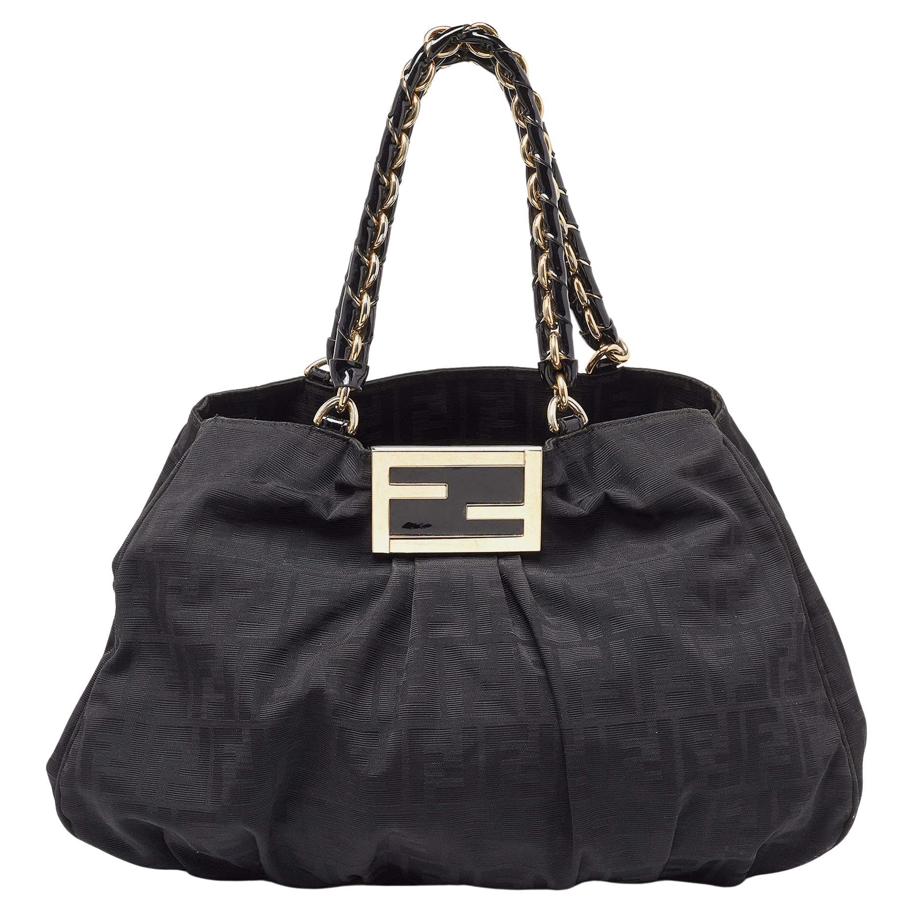 Fendi Black Zucca Canvas and Patent Leather Mia Shoulder Bag For Sale