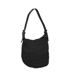 FENDI Black Zucca Canvas & Black Calfskin Leather Vintage Ostrik Baguette