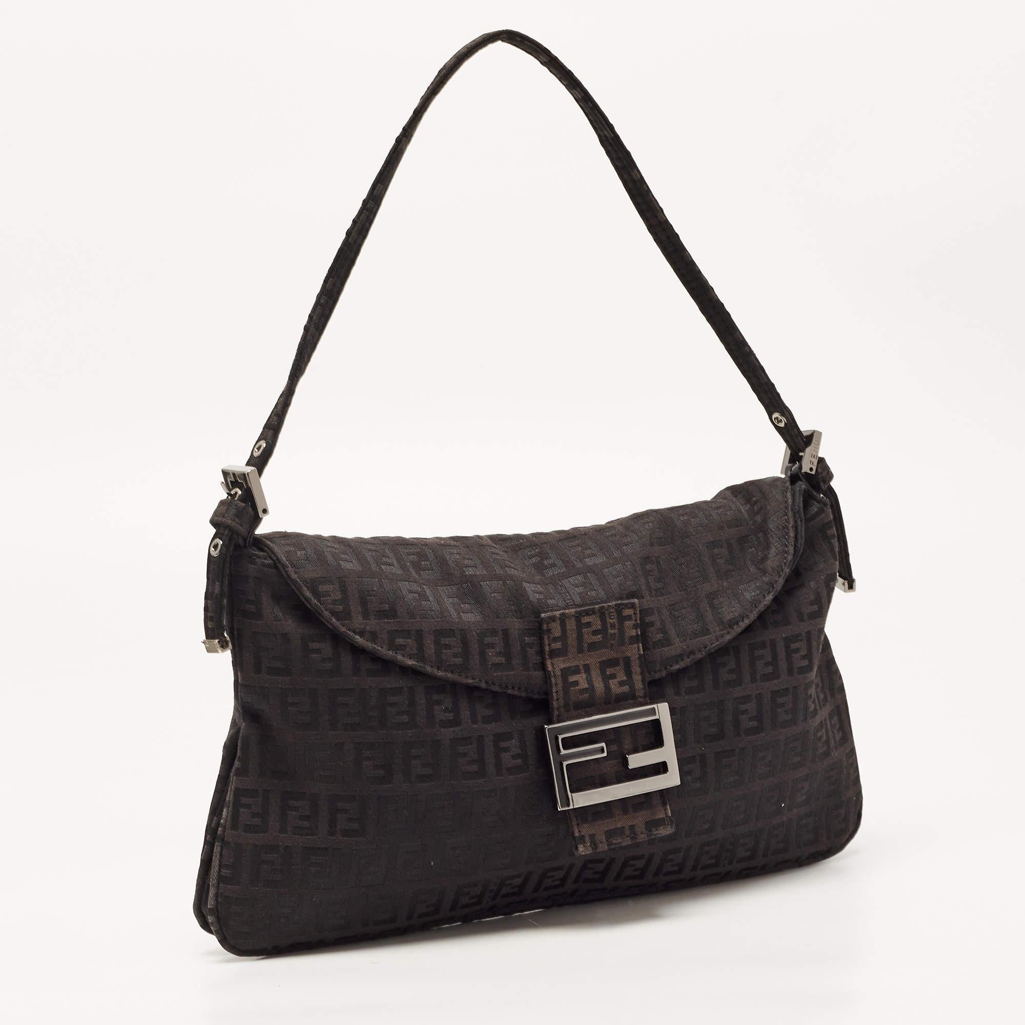 Women's Fendi Black Zucca Canvas Flap Baguette Bag