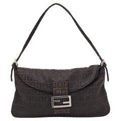 Used Fendi Black Zucca Canvas Flap Baguette Bag