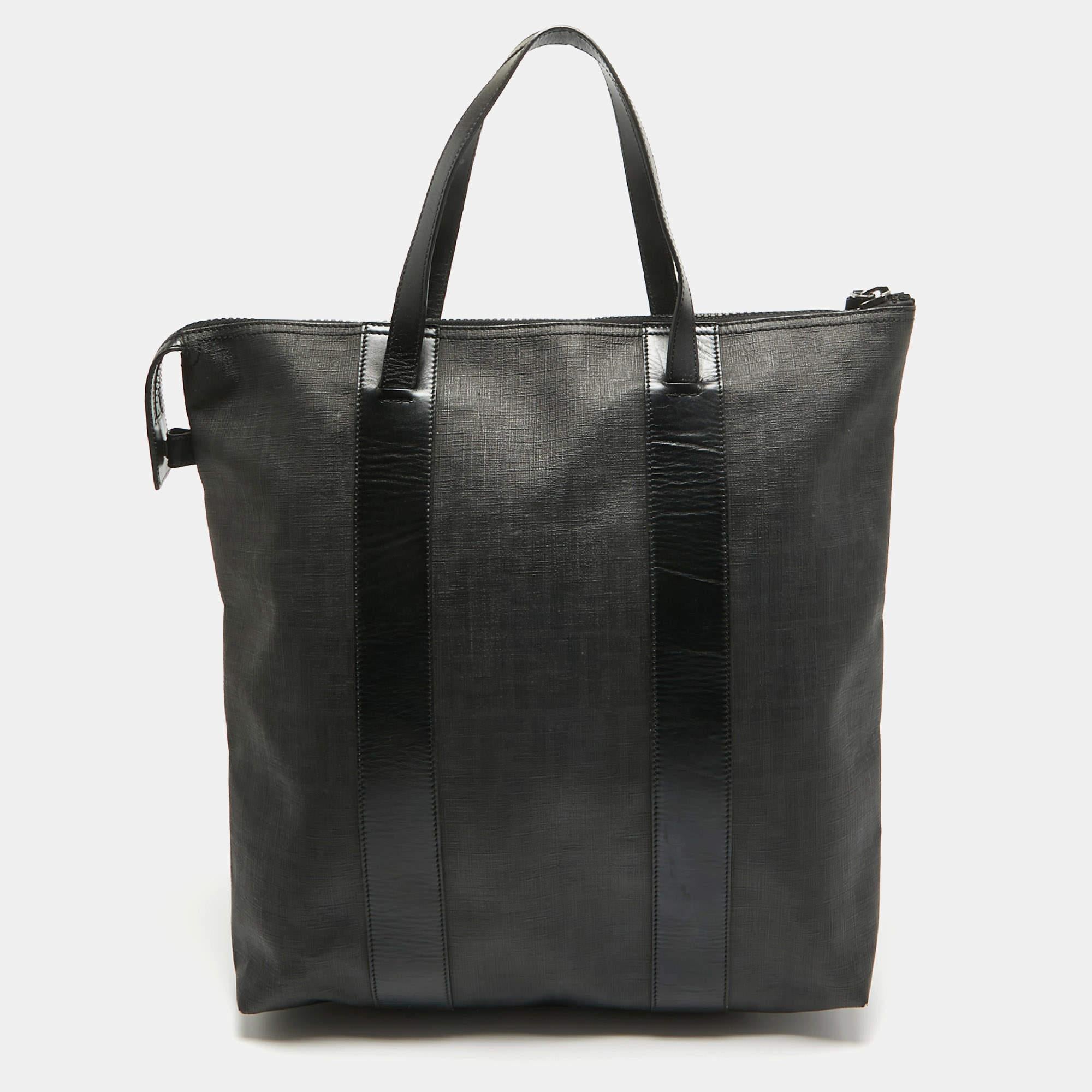 Men's Fendi Black Zucca Coated Canvas and Leather Zip Tote