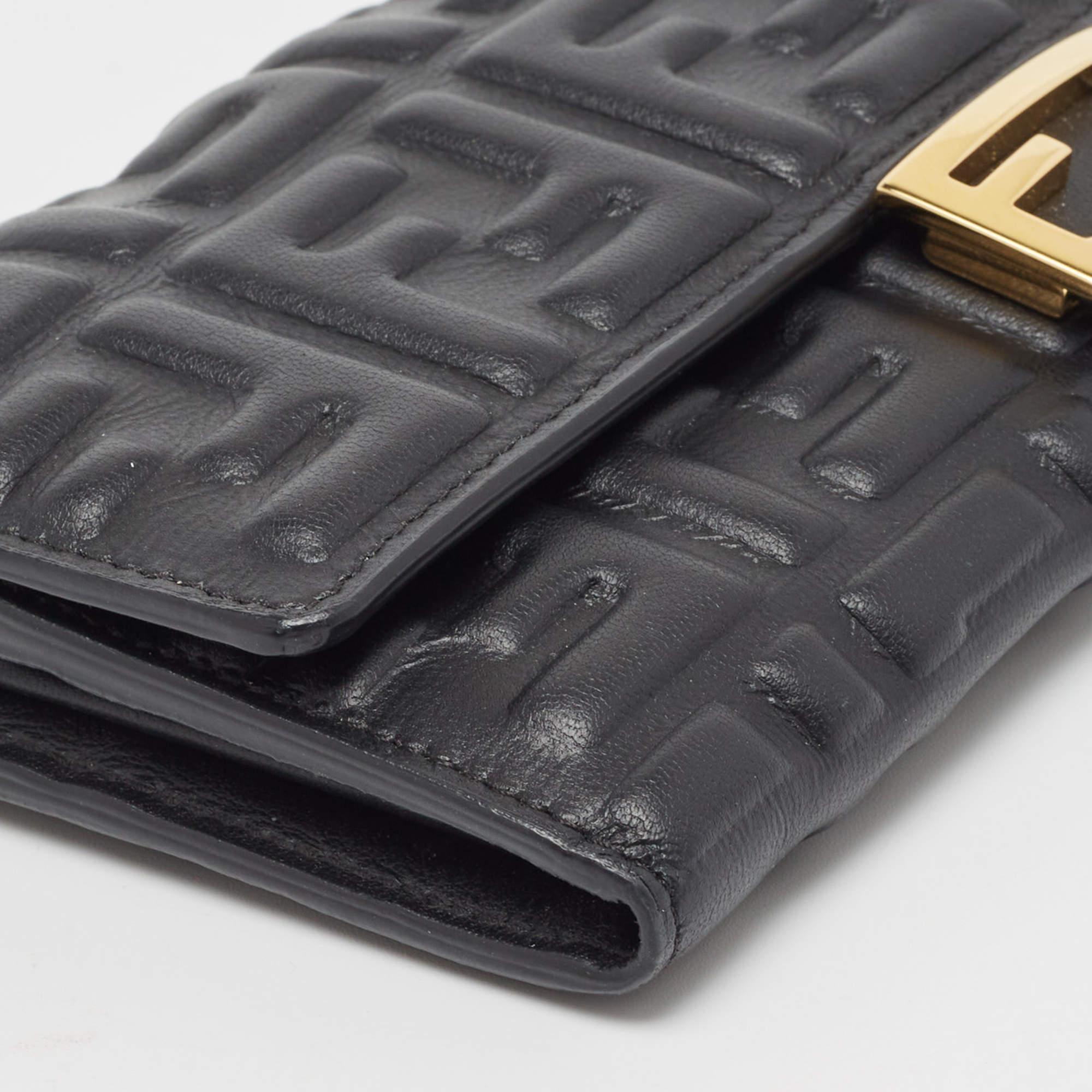 Women's Fendi Black Zucca Embossed Leather FF Flap Continental Wallet