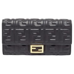 Used Fendi Black Zucca Embossed Leather FF Flap Continental Wallet