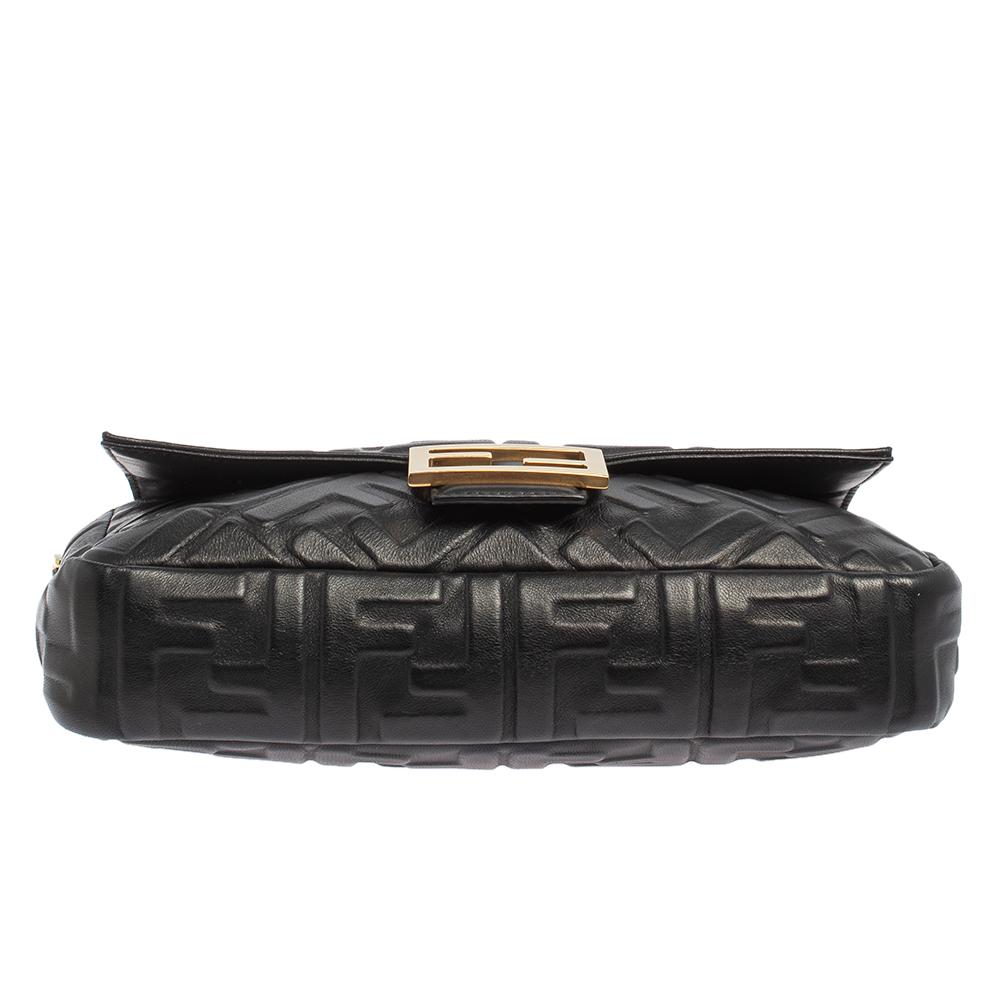 Fendi Black Zucca Embossed Leather Medium Baguette Bag In Good Condition In Dubai, Al Qouz 2