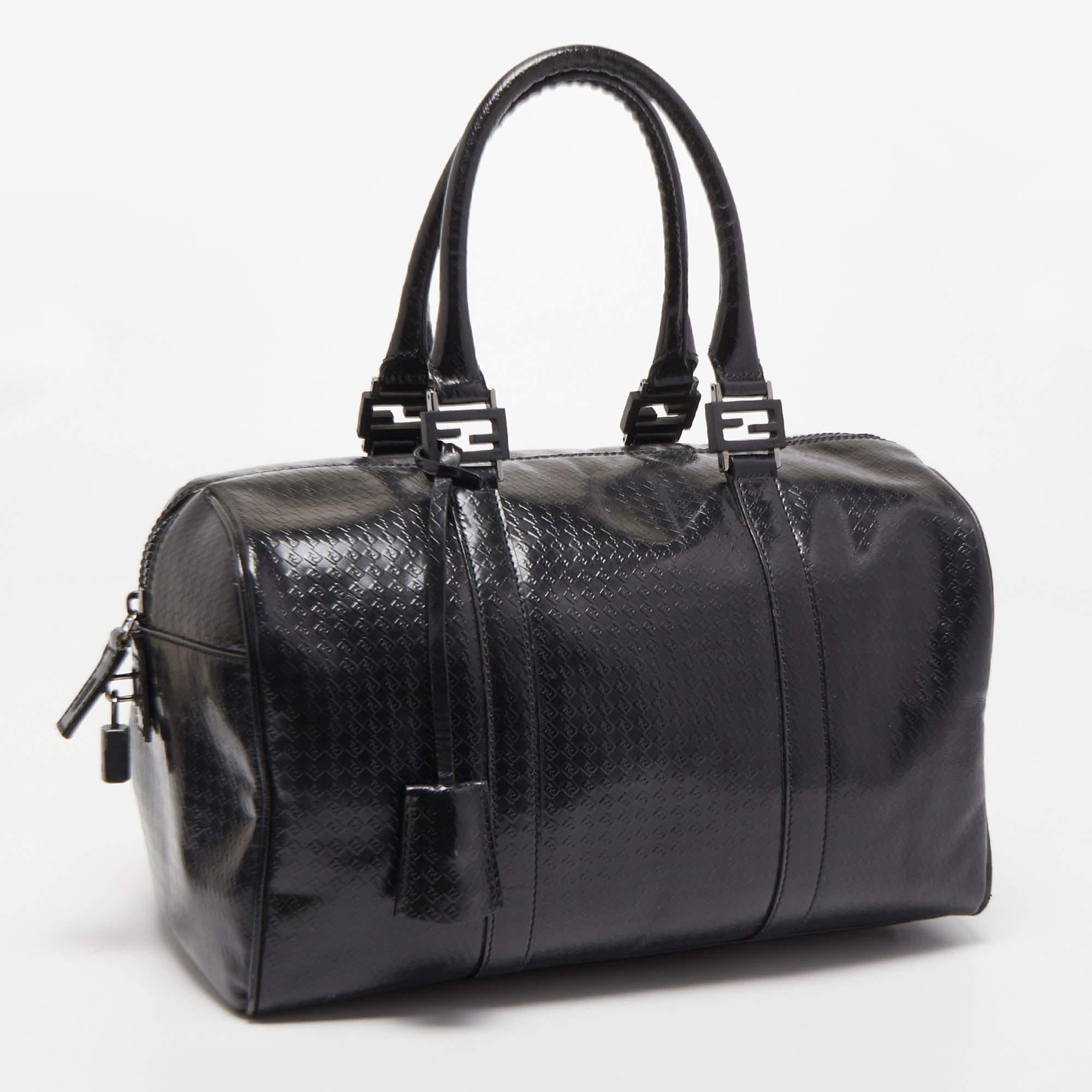 Women's Fendi Black Zucca Embossed Leather Medium Forever Bauletto Boston Bag