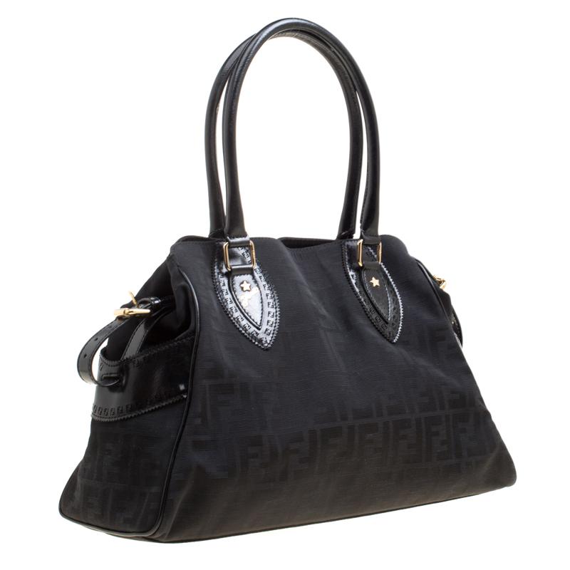 Fendi Black Zucca Fabric and Patent Leather Bag Du Jour Tote In Excellent Condition In Dubai, Al Qouz 2