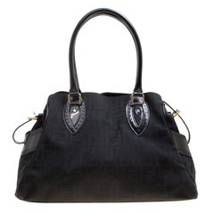 Used Fendi Black Zucca Fabric and Patent Leather Bag Du Jour Tote