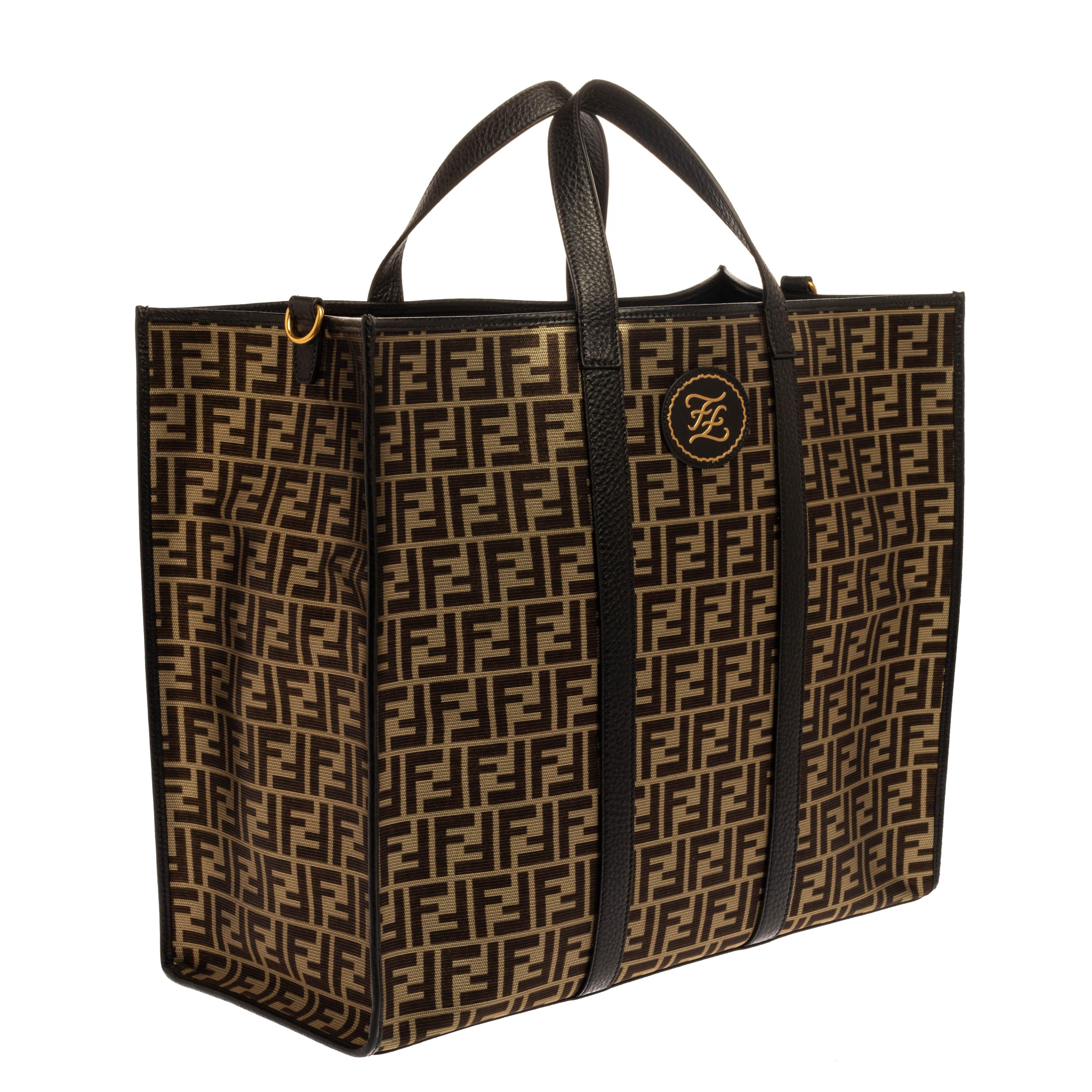 Women's Fendi Black Zucca Jacquard Fabric and Leather Karligraphy Tote
