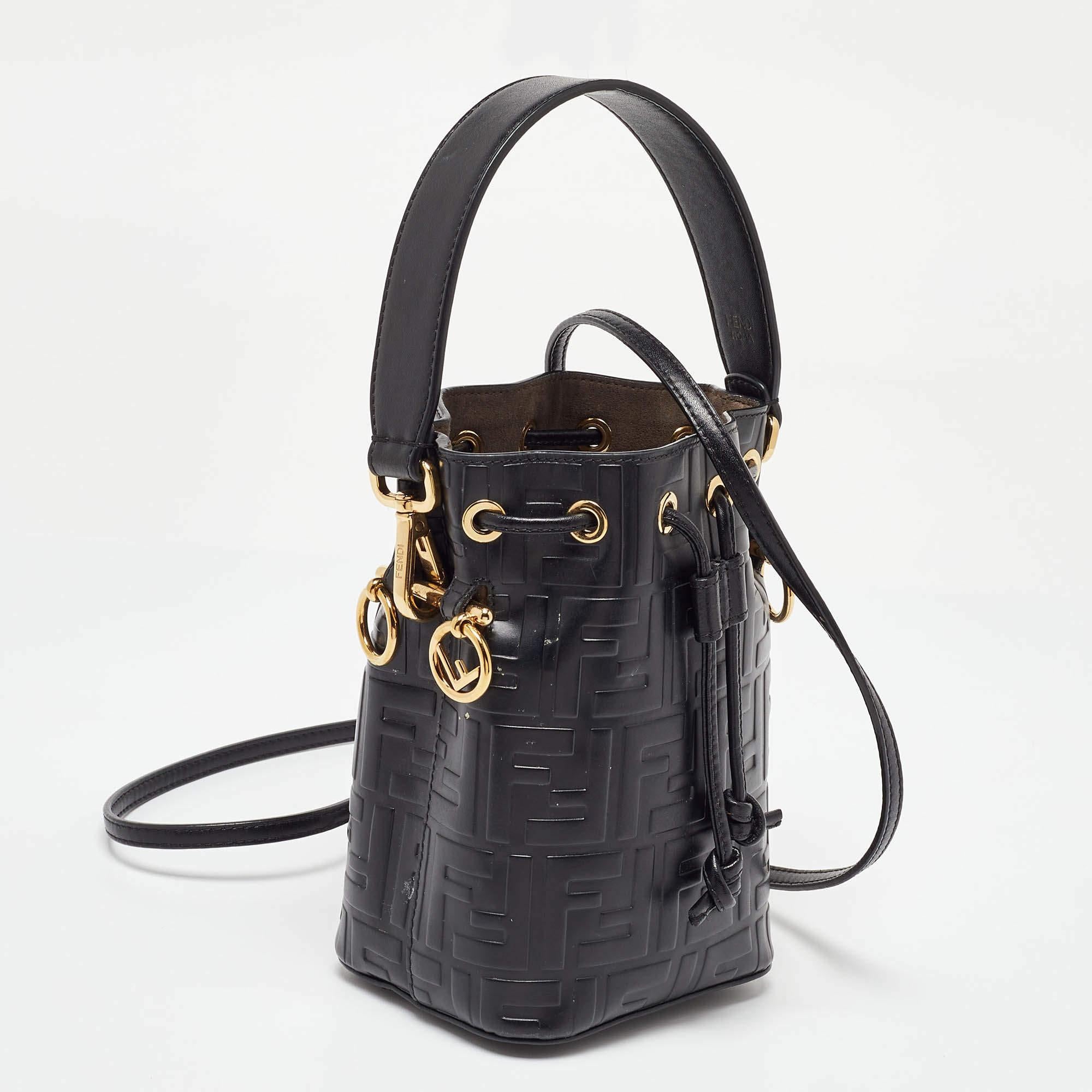 Fendi Black Zucca Leather Mini Mon Tresor Drawstring Bucket Bag In Good Condition In Dubai, Al Qouz 2