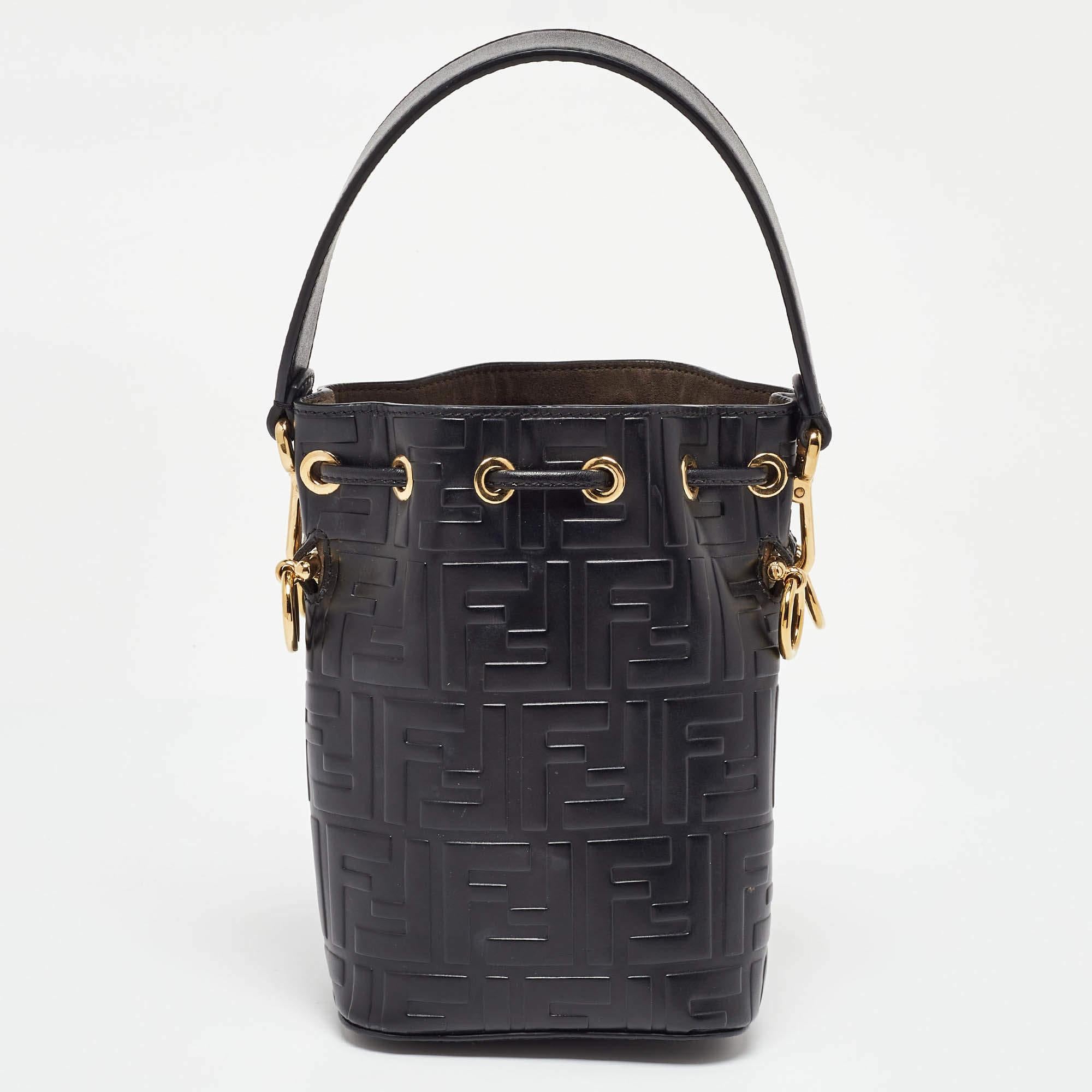 Women's Fendi Black Zucca Leather Mini Mon Tresor Drawstring Bucket Bag