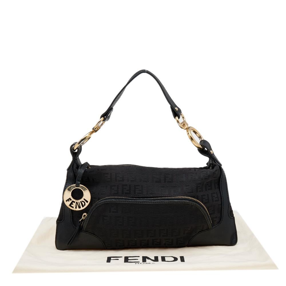 Fendi Black Zucchino Canvas and Leather Front Pocket Shoulder Bag 6