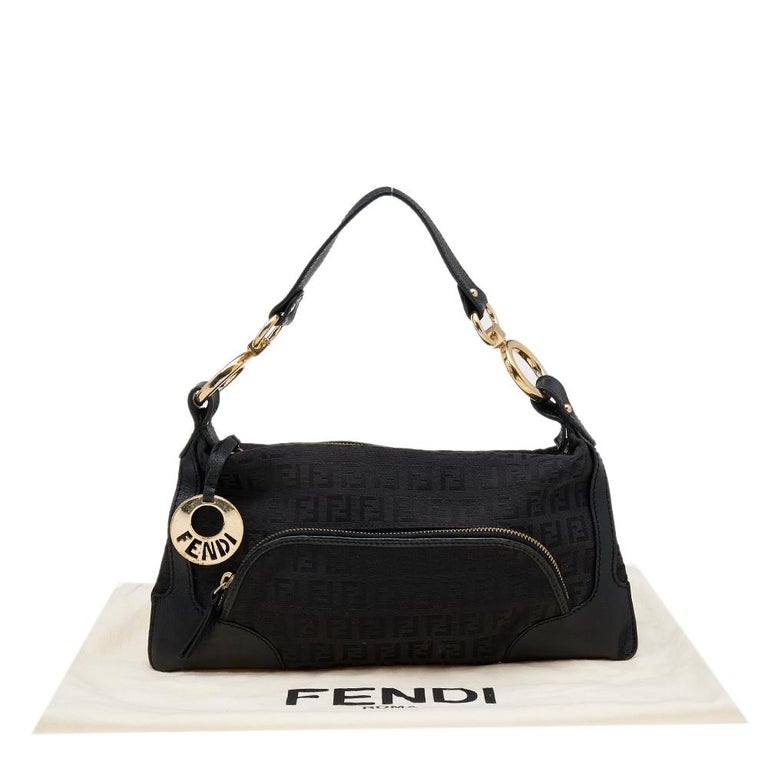 Fendi Black Zucchino Canvas and Leather Front Pocket Shoulder Bag at