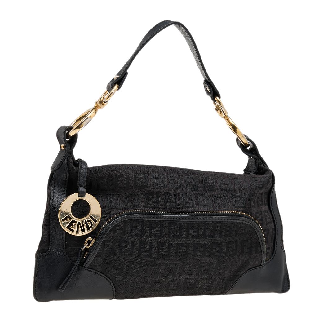 Fendi Black Zucchino Canvas and Leather Front Pocket Shoulder Bag 1