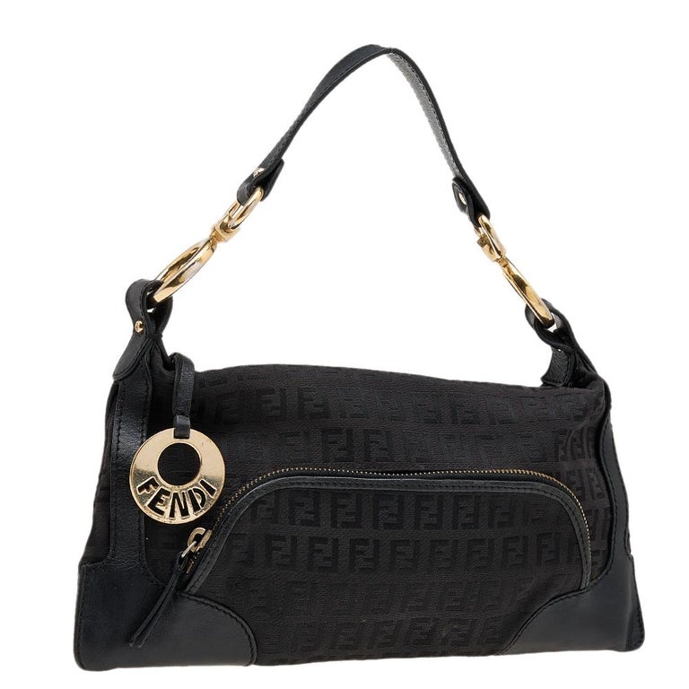 Fendi Black Zucchino Canvas and Leather Front Pocket Shoulder Bag at