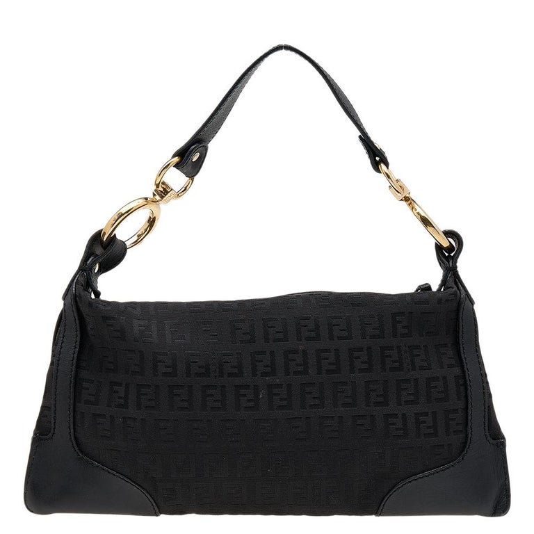 Fendi Black Zucchino Canvas and Leather Front Pocket Shoulder Bag at