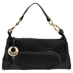 Fendi Black Zucchino Canvas and Leather Front Pocket Shoulder Bag