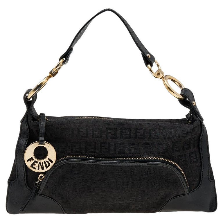 Fendi Black Zucchino Canvas and Leather Front Pocket Shoulder Bag at