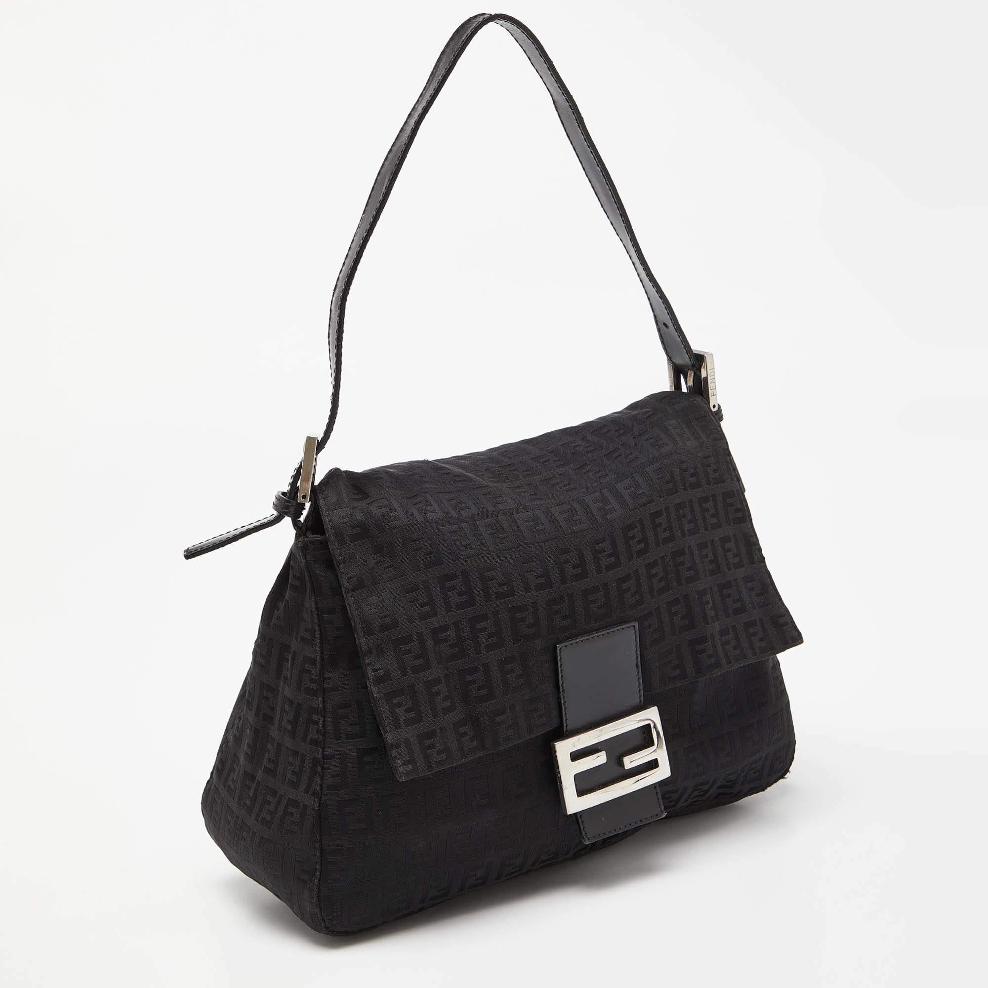 Women's Fendi Black Zucchino Canvas and Leather Mama Baguette Bag