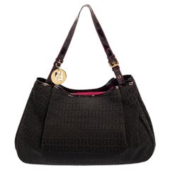 Fendi Black Zucchino Canvas and Patent Leather Hobo