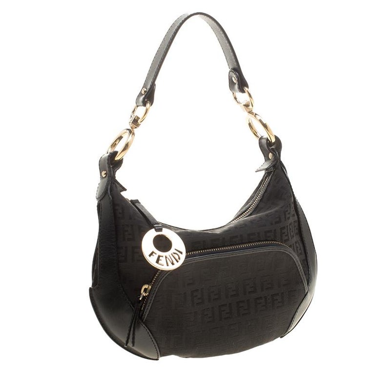 Fendi Black Zucchino Canvas Front Pocket Hobo For Sale at 1stDibs