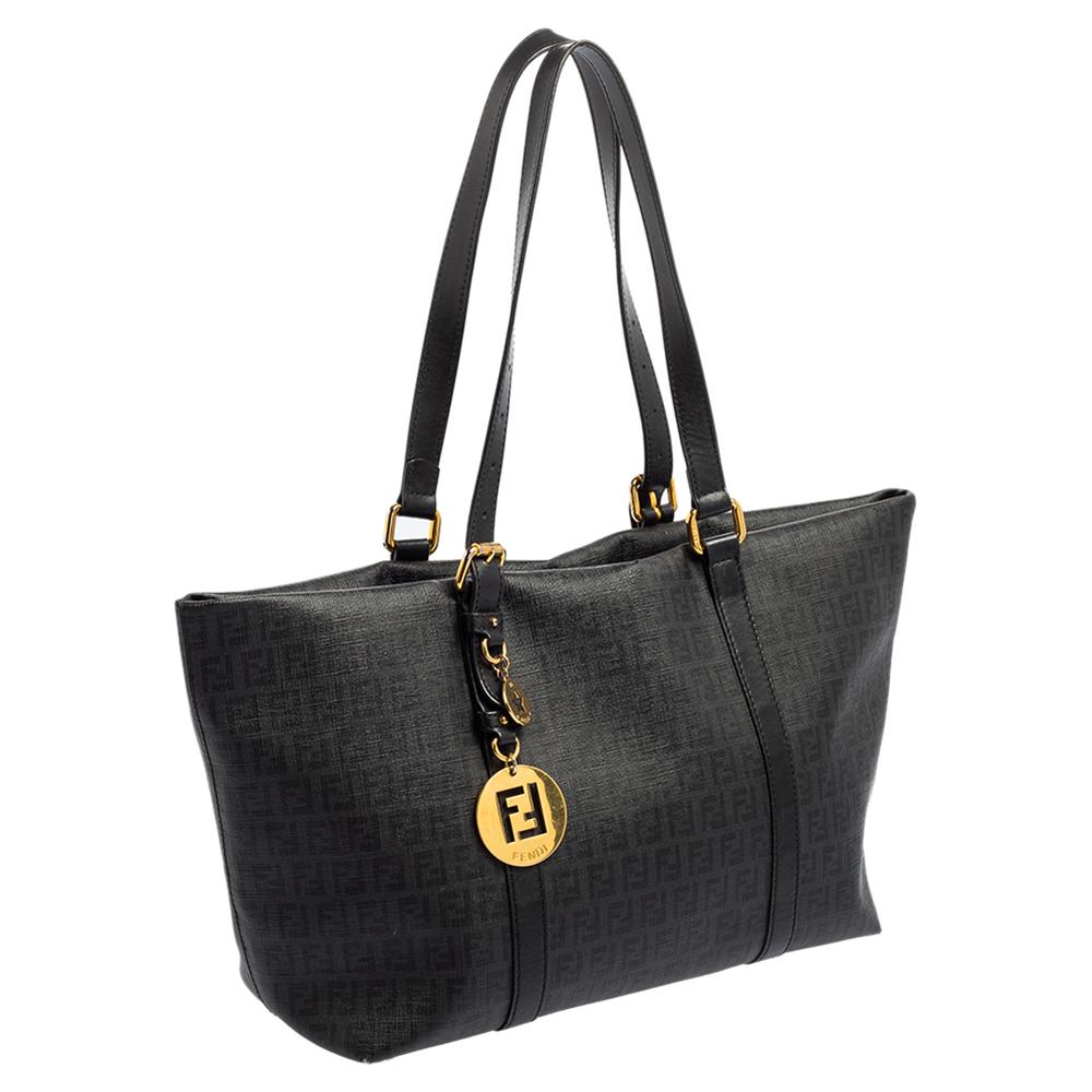 Women's Fendi Black Zucchino Coated Canvas and Leather Superstar Shopper Tote