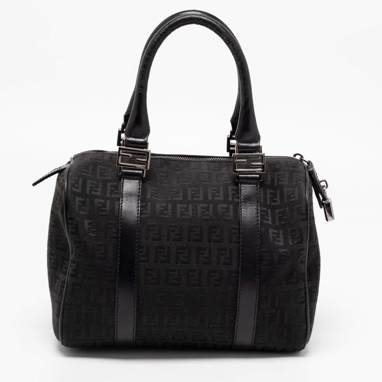 Fendi Black Zucchino Fabric and Leather Small Forever Bauletto Boston Bag  at 1stDibs