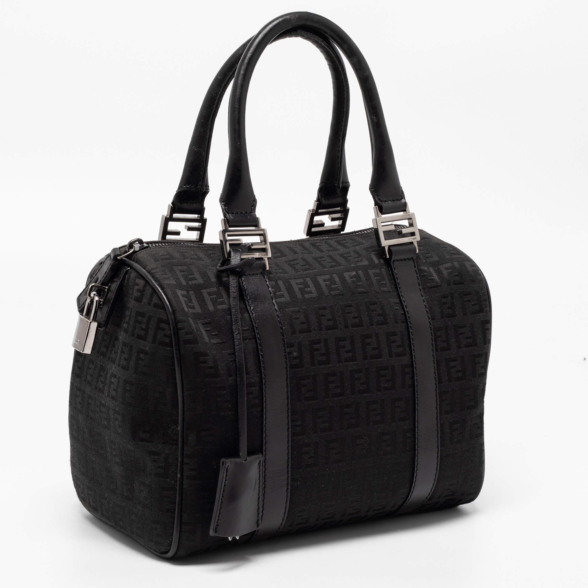 Women's Fendi Black Zucchino Fabric and Leather Small Forever Bauletto Boston Bag