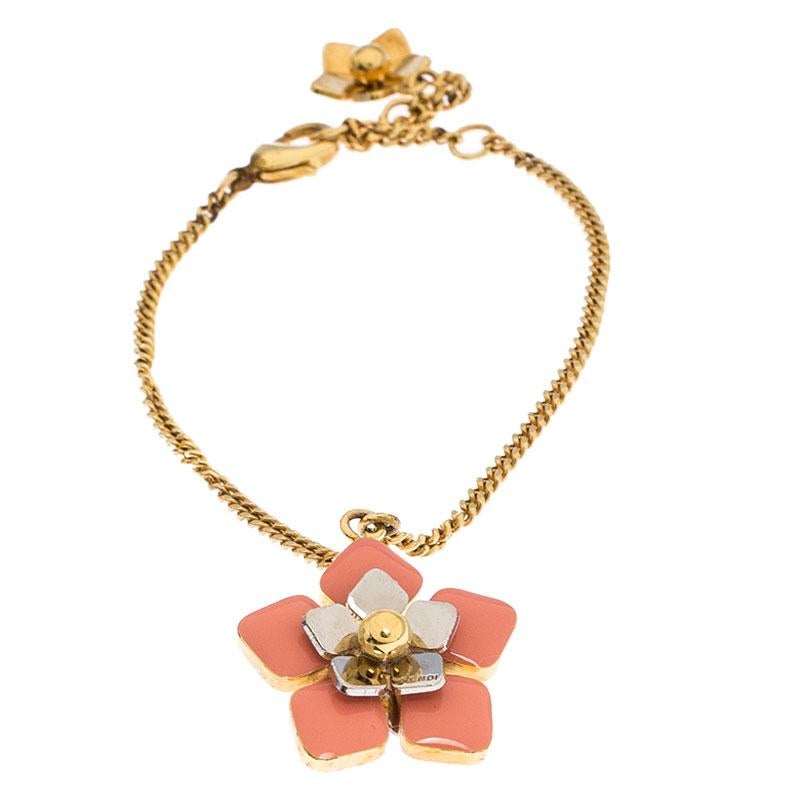 Women's Fendi Blossom Enamel Flower Charm Gold Tone Bracelet