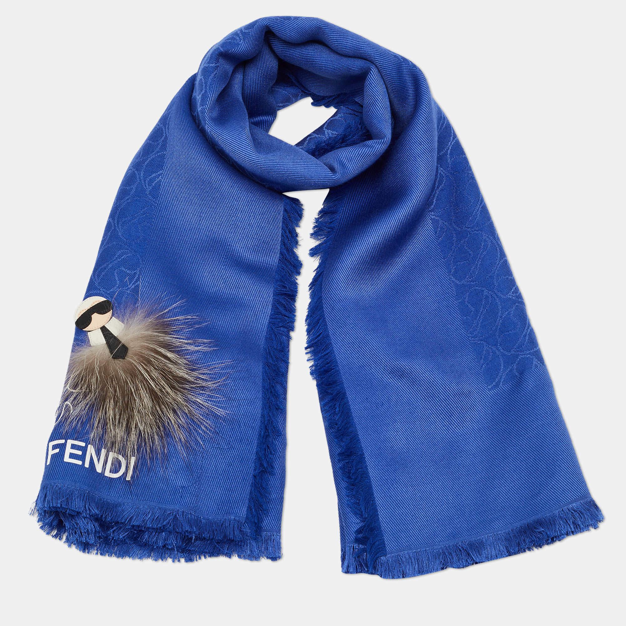 Fendi Blue Applique Detail Karlito Silk & Wool Shawl In Good Condition For Sale In Dubai, Al Qouz 2