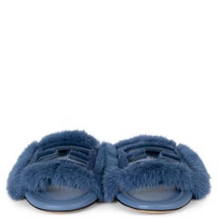 FENDI blue BAGUETTE MINK FUR SLIDE Sandals Shoes 39