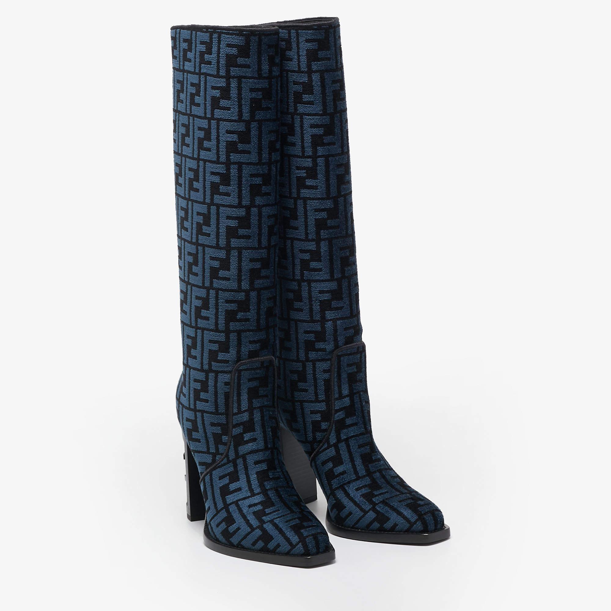 Fendi Blue/Black FF Jacquard Chenille Knee Length Boots Size 37.5 In Excellent Condition For Sale In Dubai, Al Qouz 2