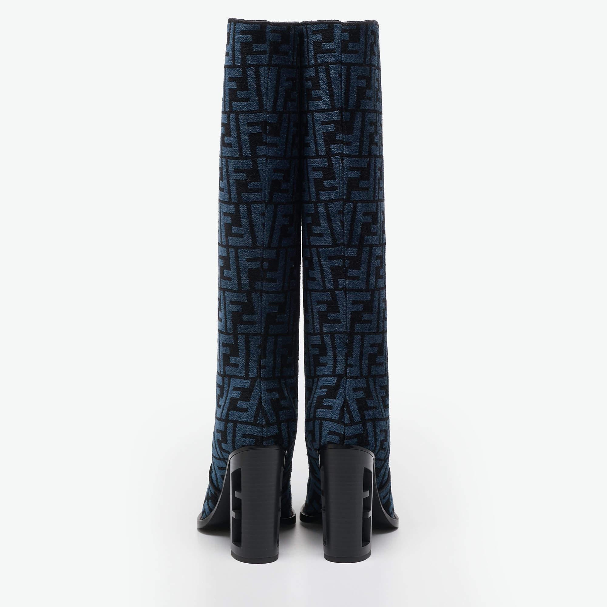 Fendi Blue/Black FF Jacquard Chenille Knee Length Boots Size 37.5 In New Condition In Dubai, Al Qouz 2