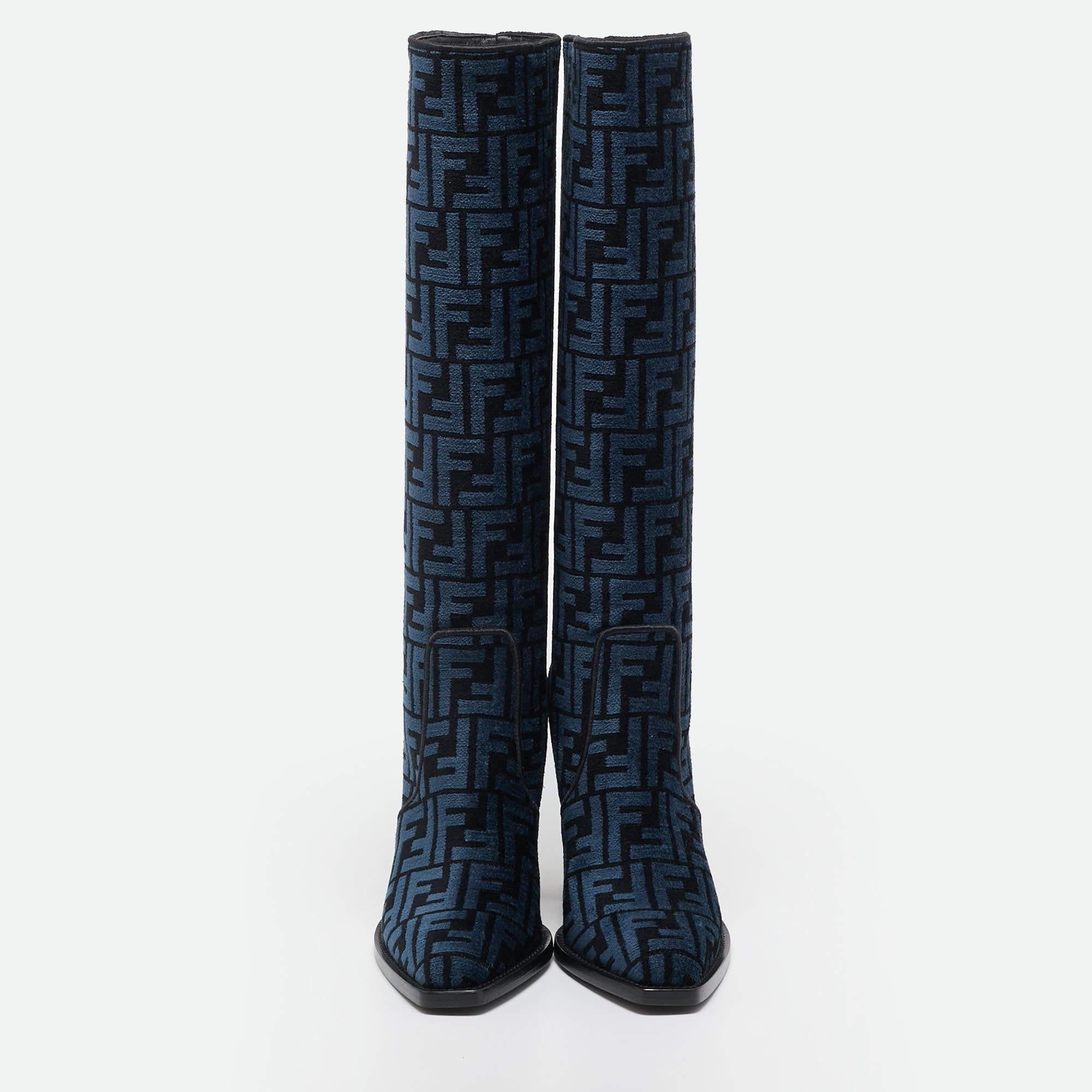 Fendi Blue/Black FF Jacquard Chenille Knee Length Boots Size 37.5 For Sale 1