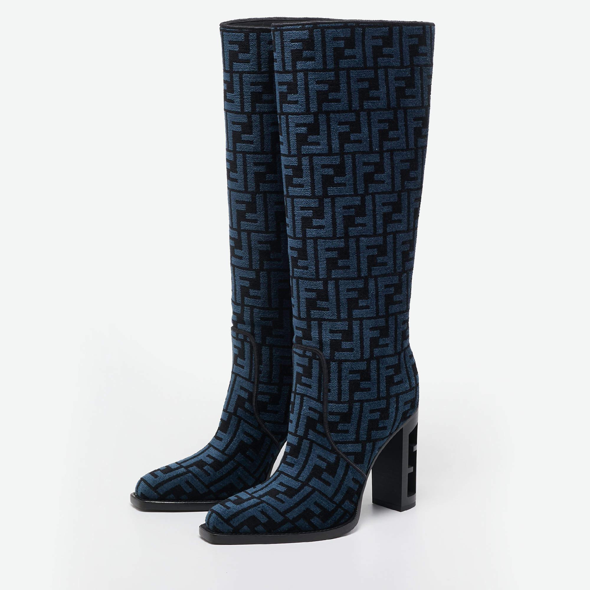 Fendi Blue/Black FF Jacquard Chenille Knee Length Boots Size 37.5 For Sale 2