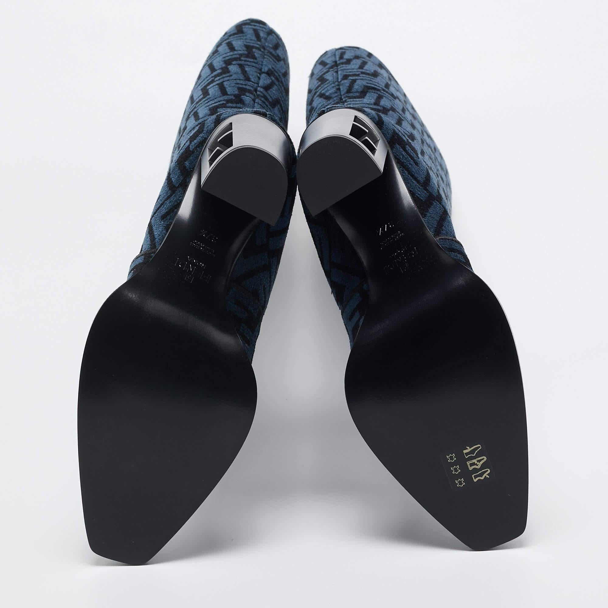 Fendi Blue/Black FF Jacquard Chenille Knee Length Boots Size 37.5 For Sale 3