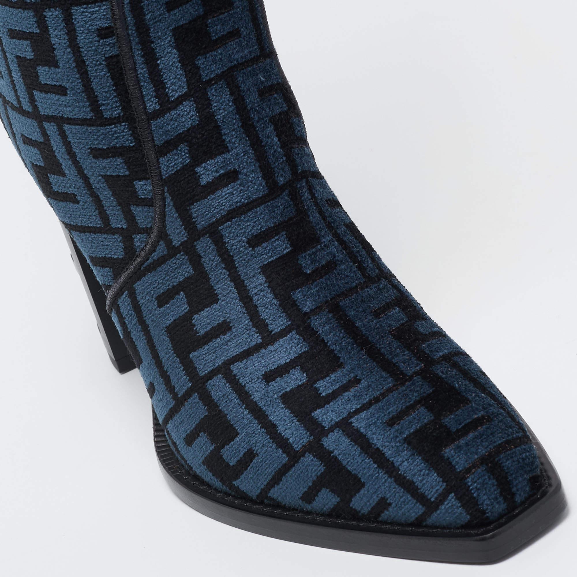 Fendi Blue/Black FF Jacquard Chenille Knee Length Boots Size 37.5 3