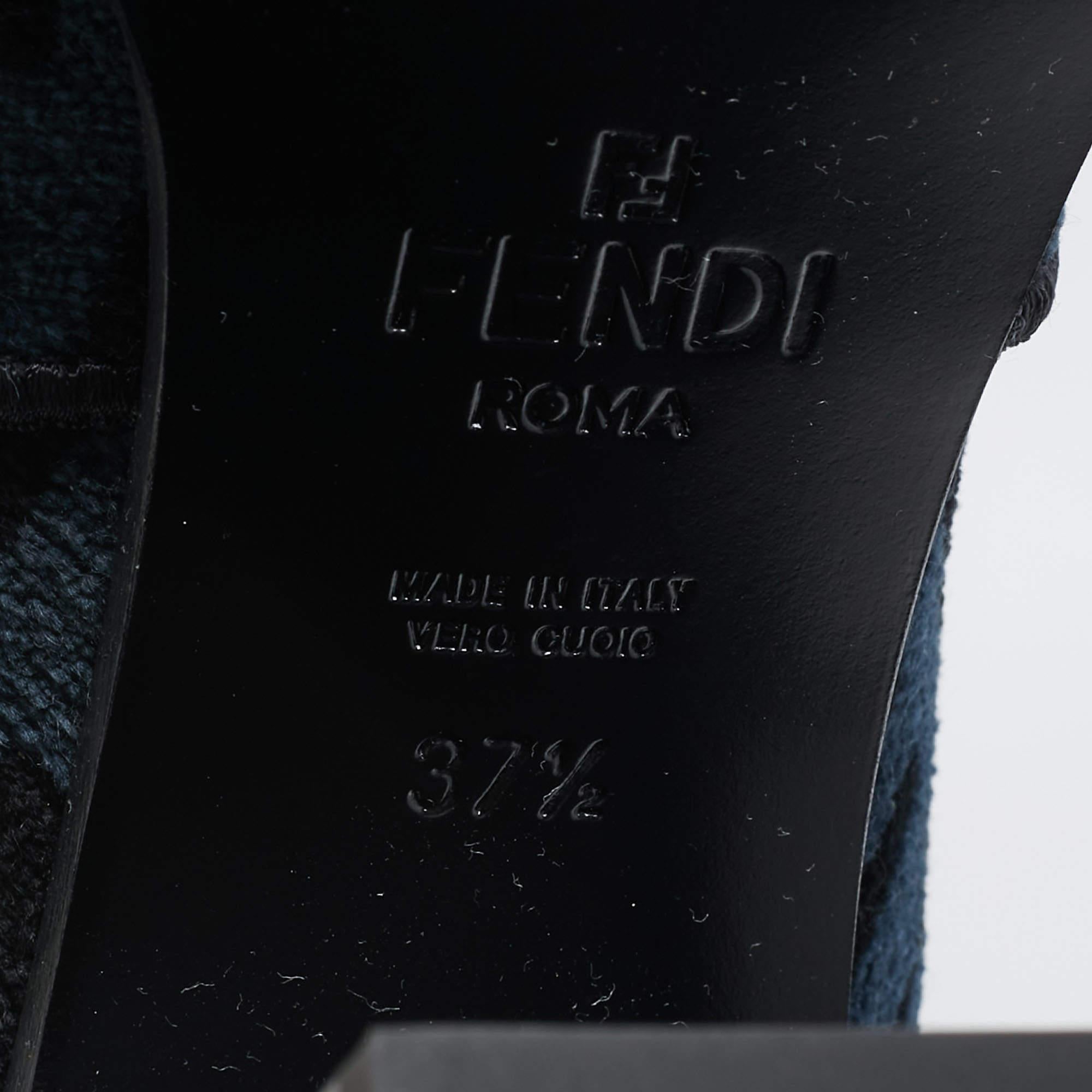 Fendi Blue/Black FF Jacquard Chenille Knee Length Boots Size 37.5 For Sale 4