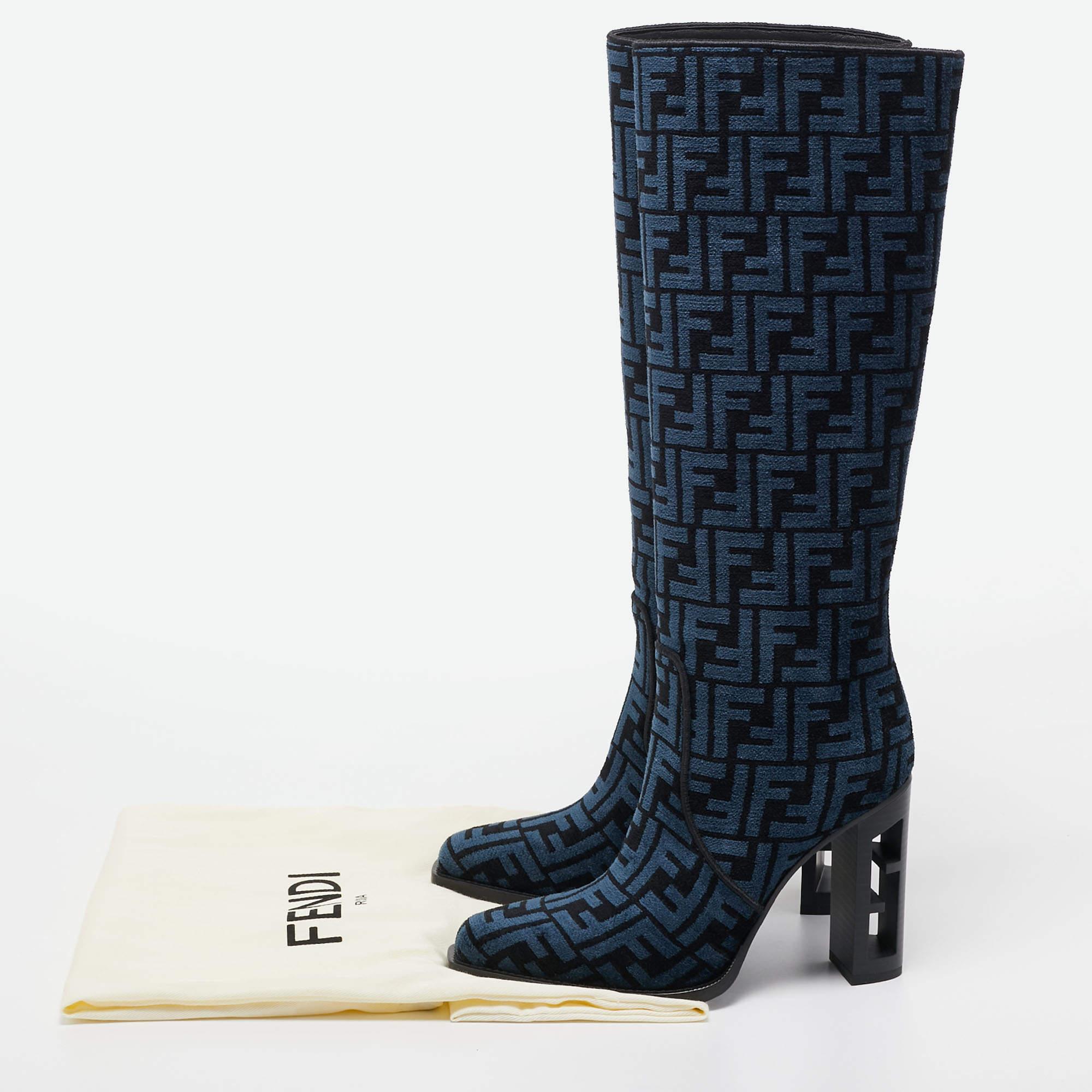 Fendi Blue/Black FF Jacquard Chenille Knee Length Boots Size 37.5 For Sale 5