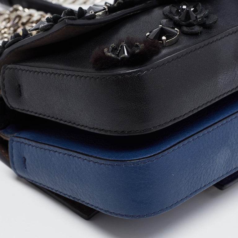 Fendi Blue/Black Flowerland Leather Double Micro Baguette Bag For Sale 6