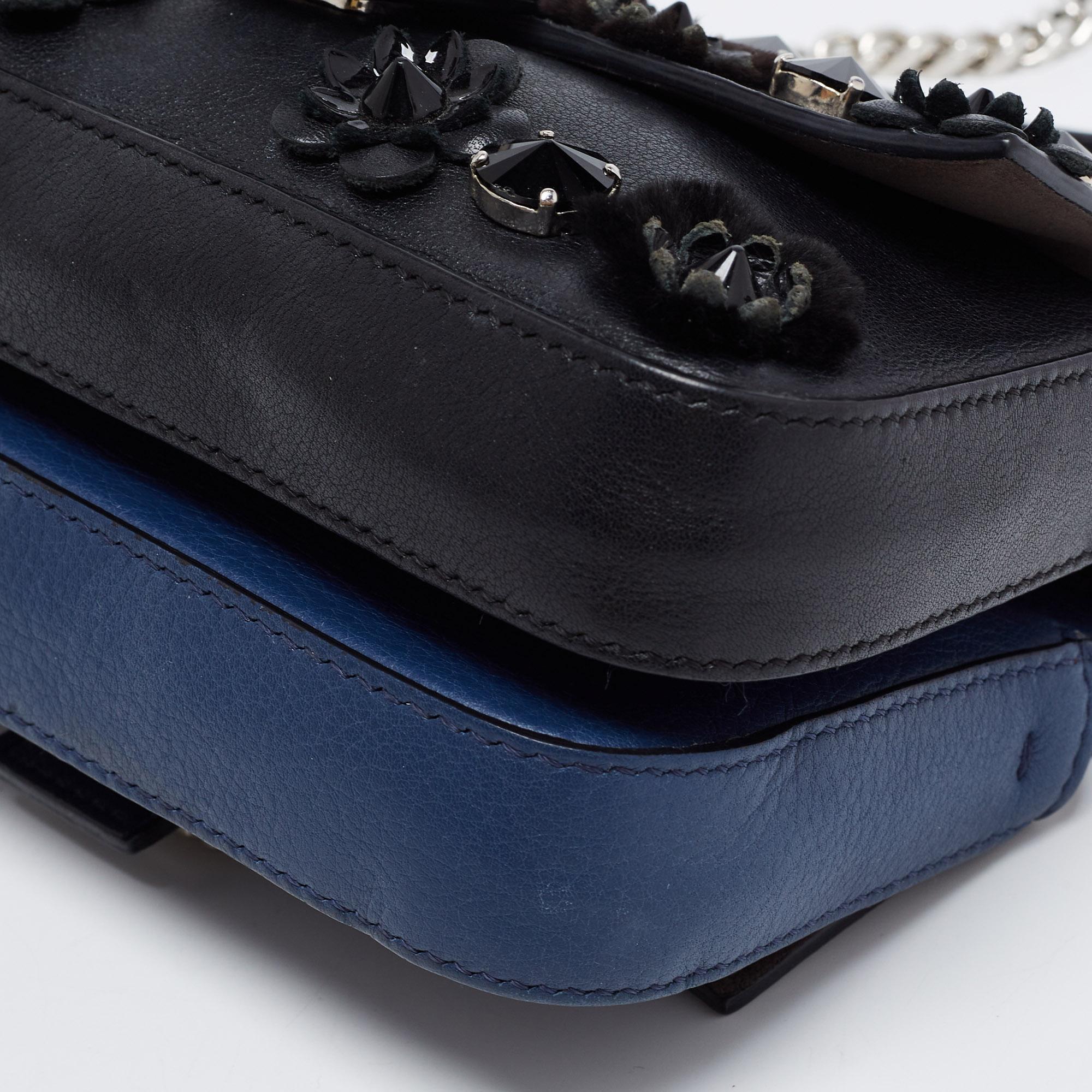 Fendi Blue/Black Flowerland Leather Double Micro Baguette Bag 6