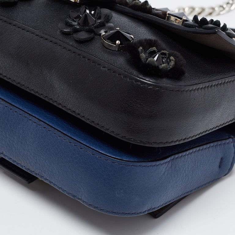 Fendi Blue/Black Flowerland Leather Double Micro Baguette Bag For Sale 8